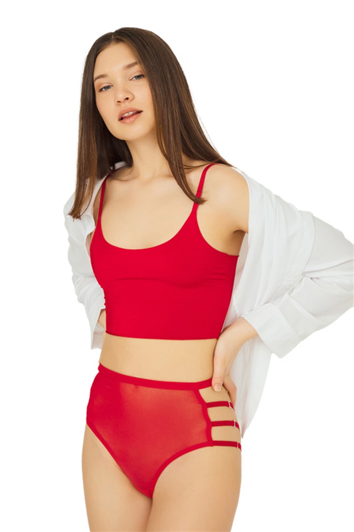 Kırmızı Tül Transparan Lastik Detaylı Yüksek Bel Bikini Külot