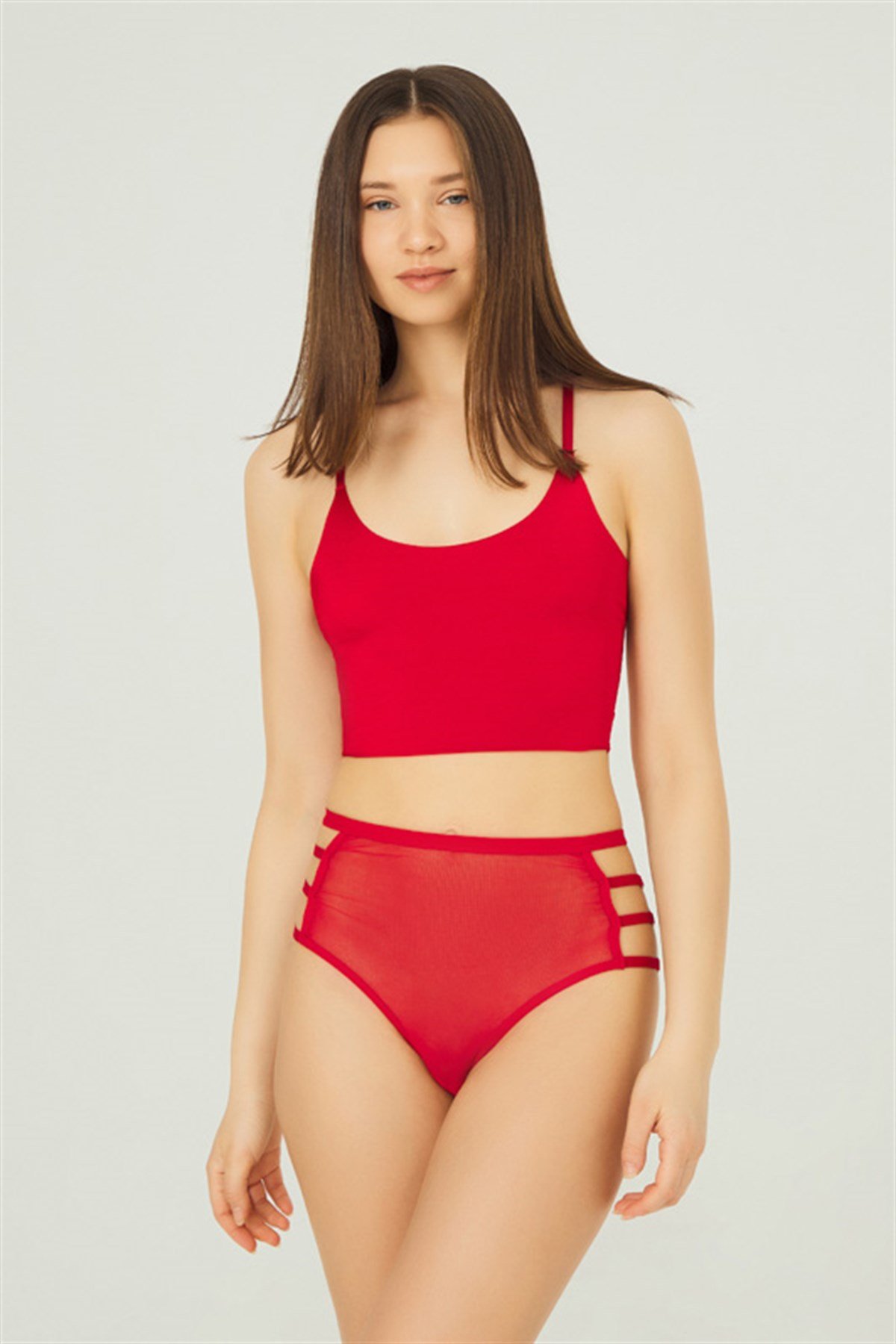 Kırmızı Lastik Detaylı Yüksek Bel Bikini Külot