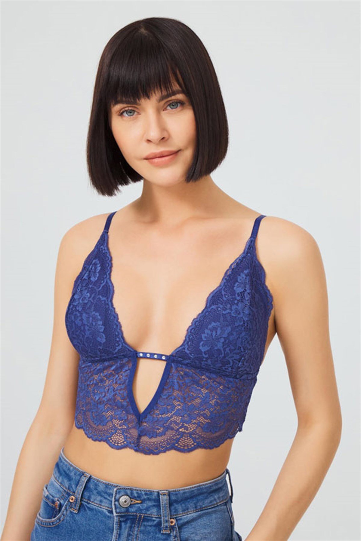 Koyu Kobalt Dantelli İnce Askı Kaplı Üçgen Kadın Bralet Büstiyer