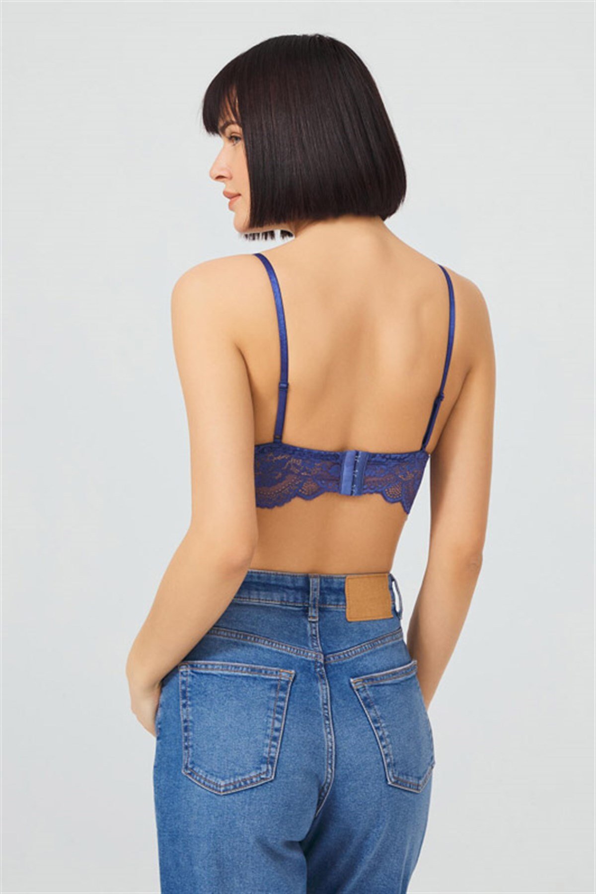 Koyu Kobalt Dantelli İnce Askı Kaplı Üçgen Kadın Bralet Büstiyer