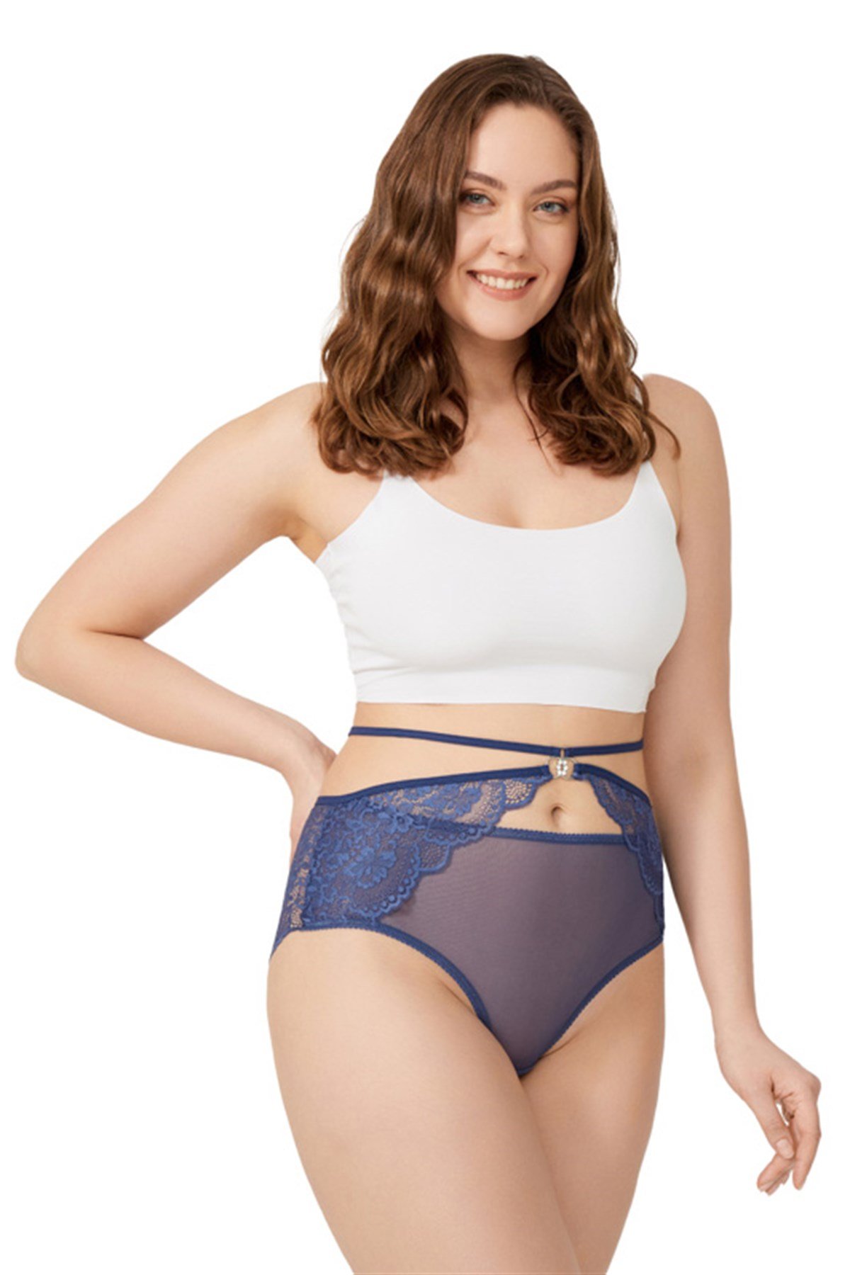 Koyu Kobalt Önü Tül Arkası Dantelli Büyük Beden Bikini Külot
