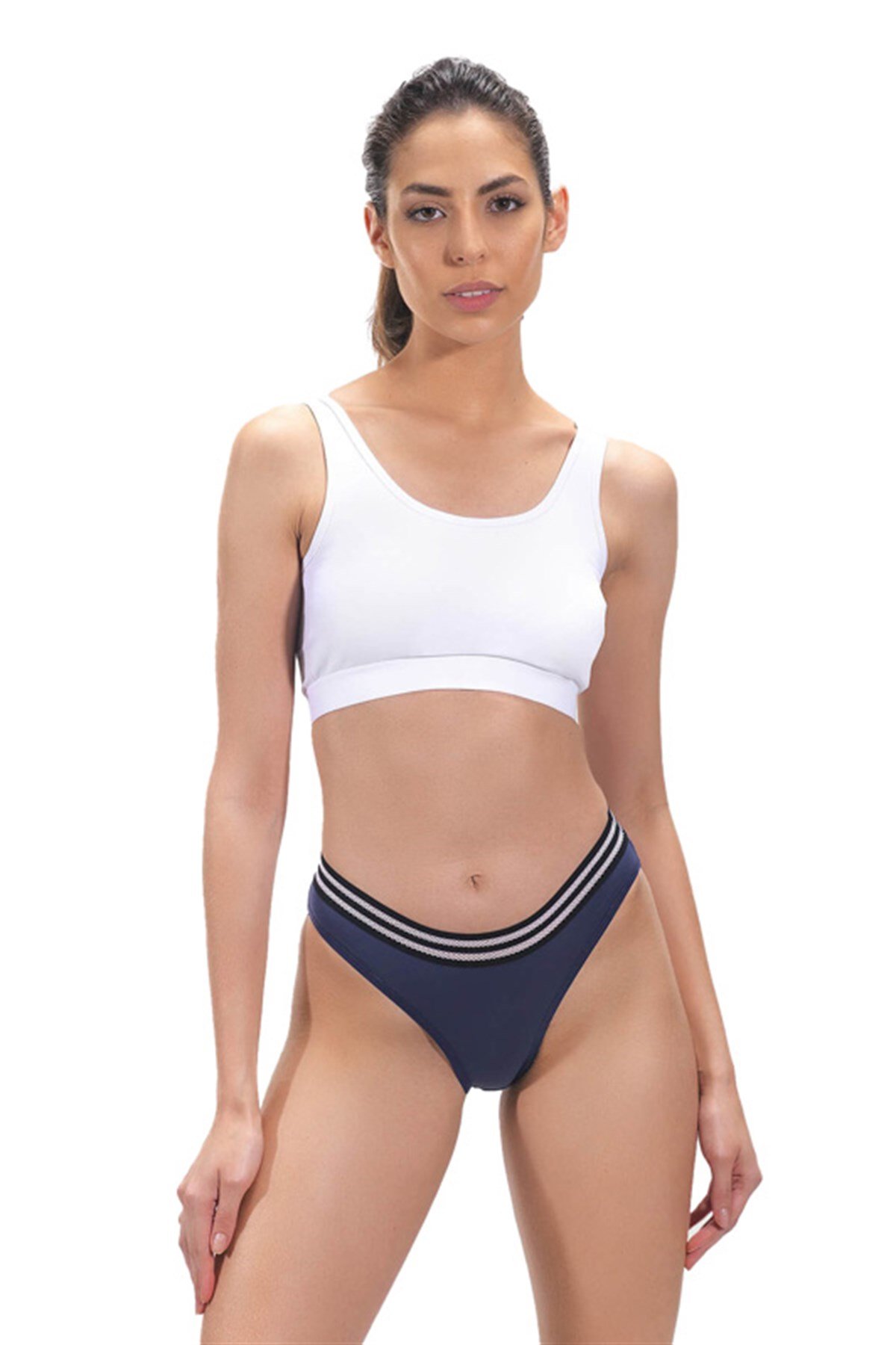 Koyu Kobalt Spor Basic Şerit Lastikli Pamuk Kadın Bikini Külot