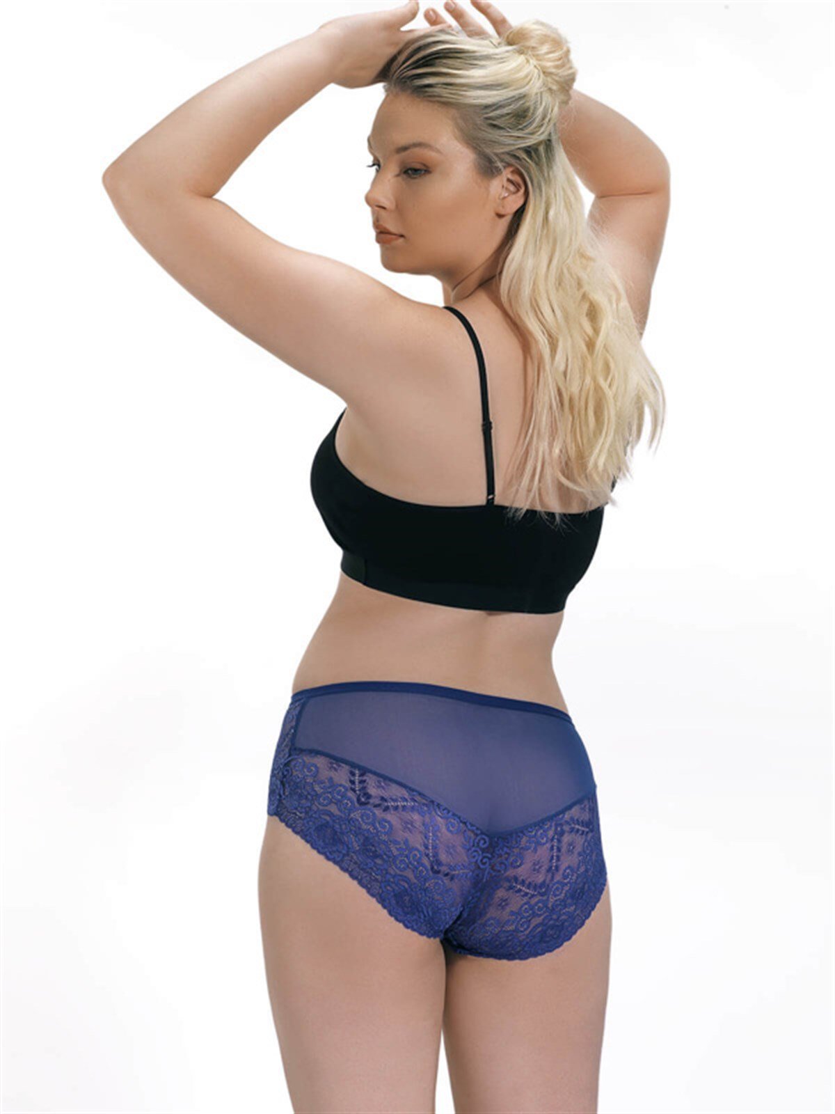 Koyu Kobalt Transparan Dantelli Büyük Beden Kadın Bikini Külot