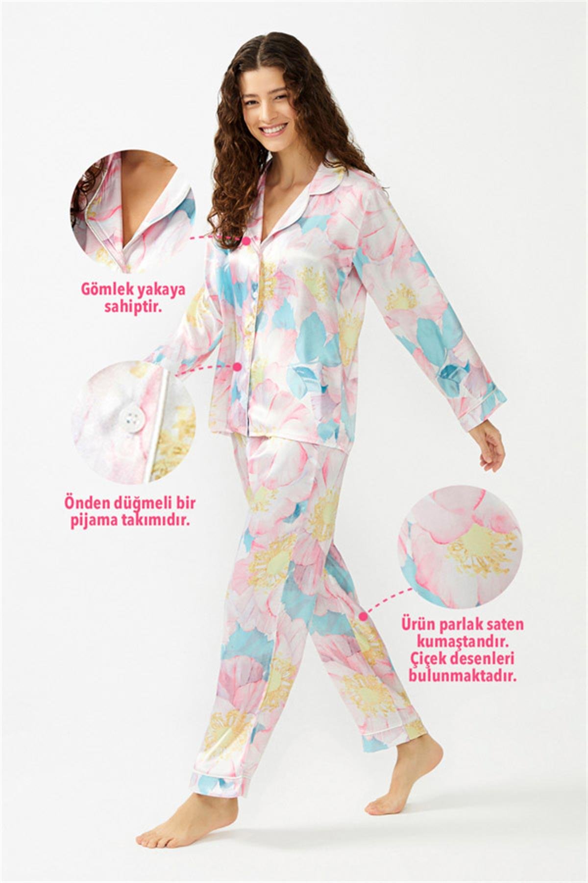 Krem Çiçek Desenli Önden Düğmeli Saten Kadın Pijama Takımı