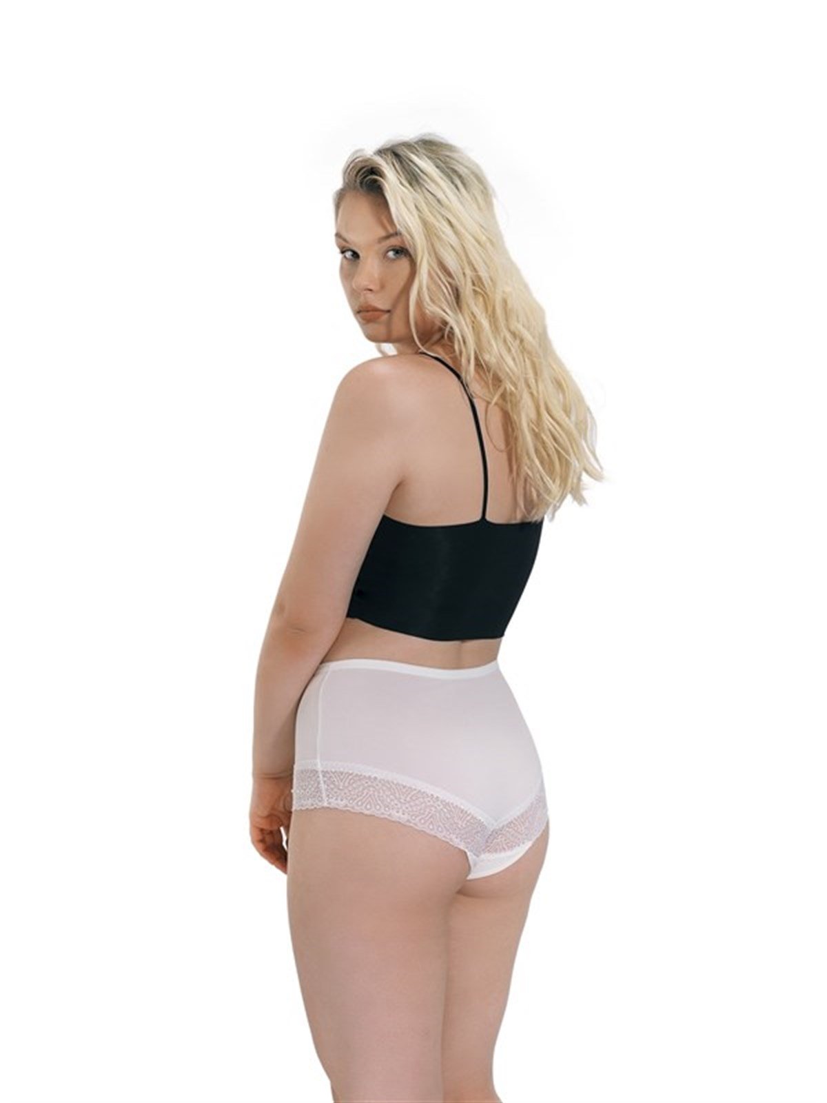 Krem Dantel Detaylı Yüksek Bel Büyük Beden Kadın Bikini Külot