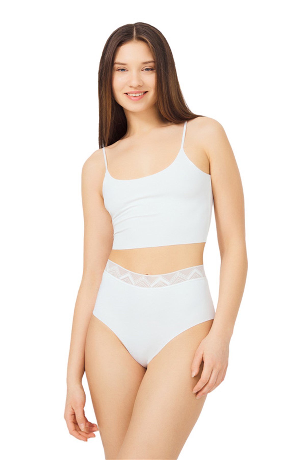 Krem Desenli Lastikli Yüksek Bel Lazer Kesim Kadın Bikini Külot