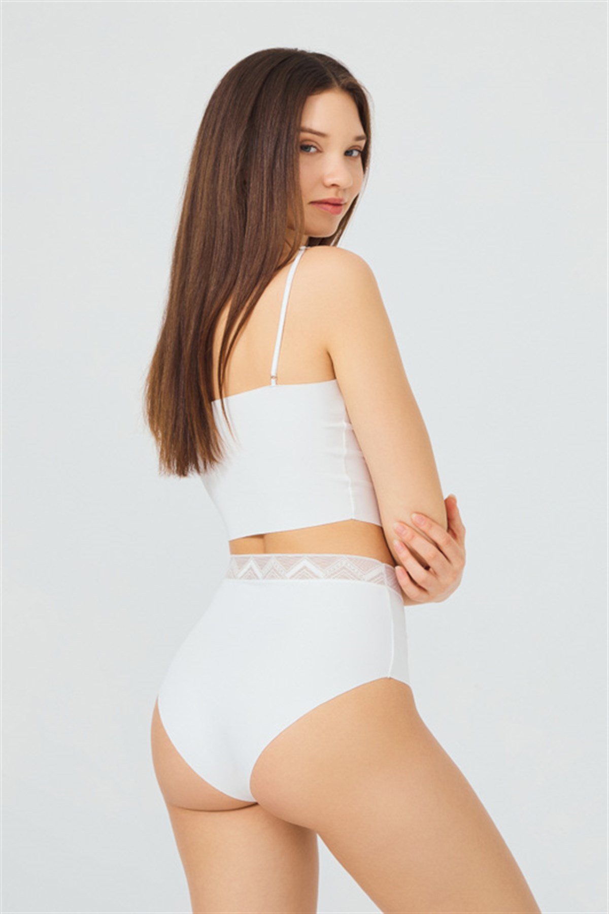 Krem Desenli Lastikli Yüksek Bel Lazer Kesim Kadın Bikini Külot