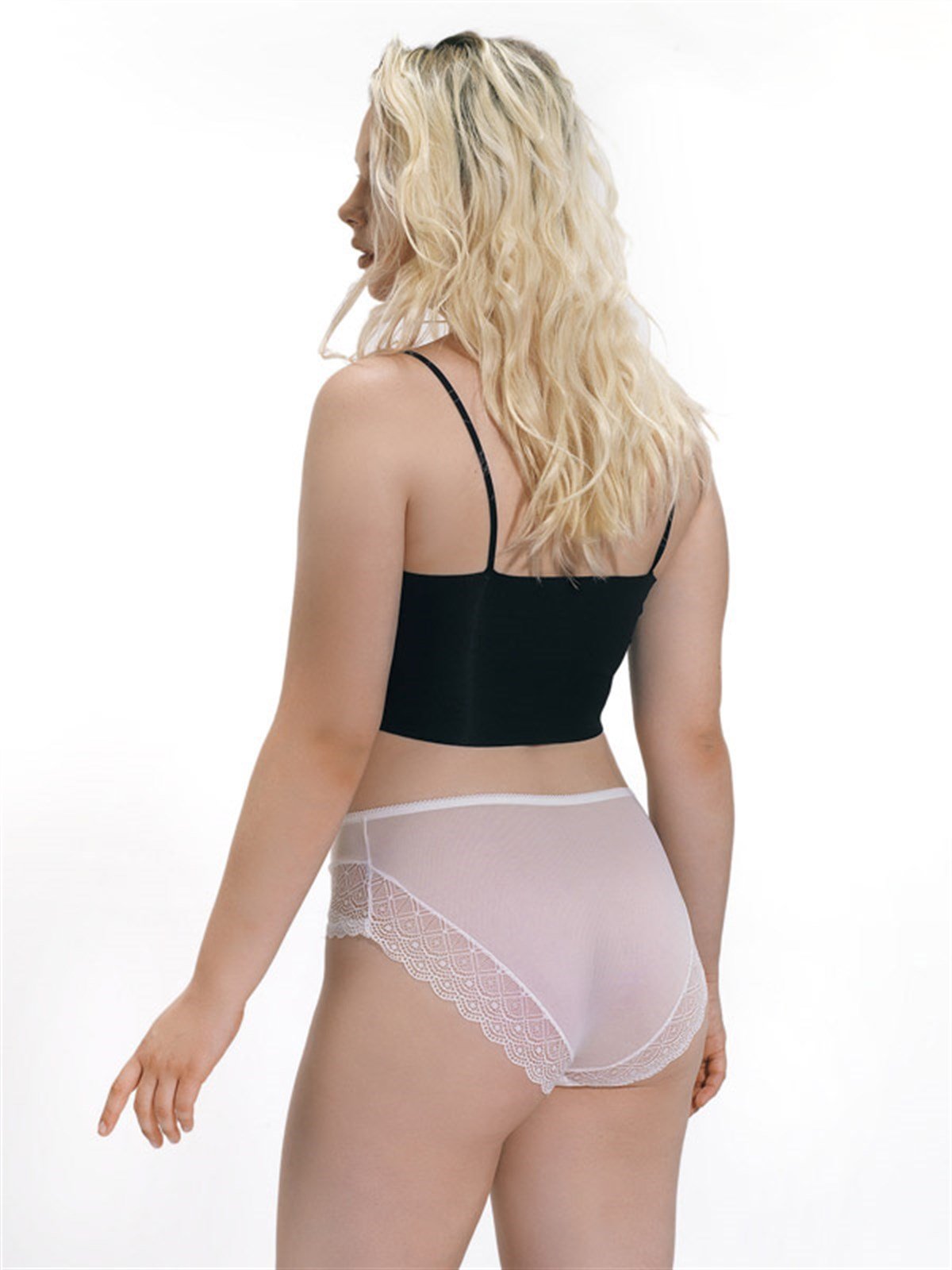 Krem Transparan Dantel Detaylı Büyük Beden Kadın Bikini Külot