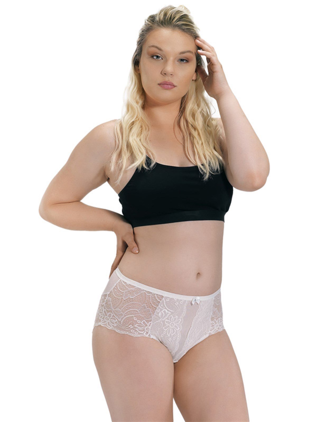 Krem Transparan Dantel Tül Detaylı Büyük Beden Kadın Bikini Külot