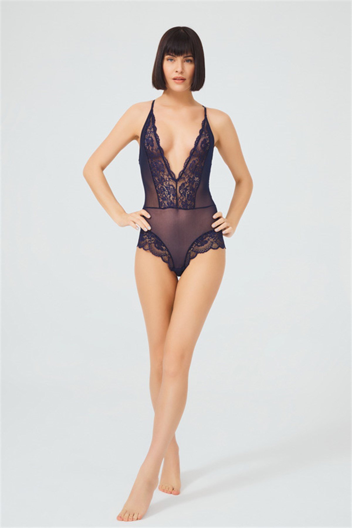 Lacivert Dantelli Transparan Bodysuit