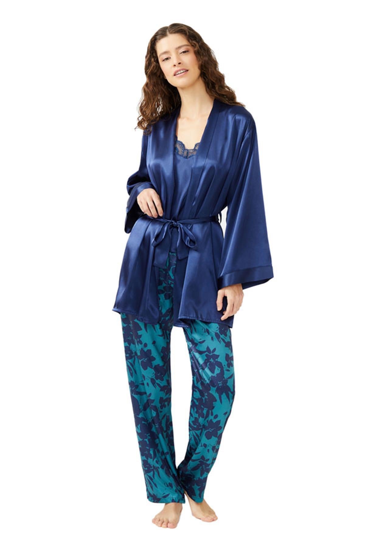 Lacivert Dantel Detaylı Çiçek Desenli Saten Pijama Takımı 3'lü Set