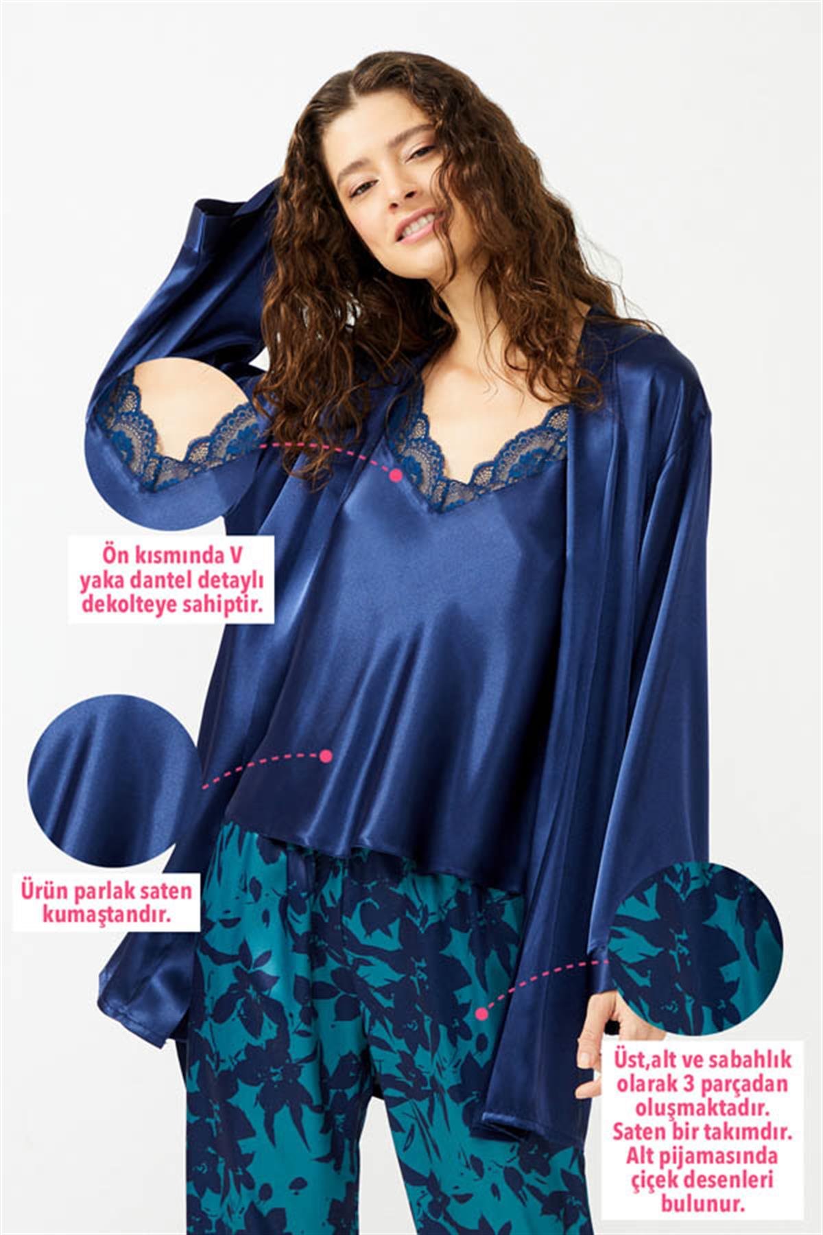 Lacivert Dantel Detaylı Çiçek Desenli Saten Pijama Takımı 3'lü Set