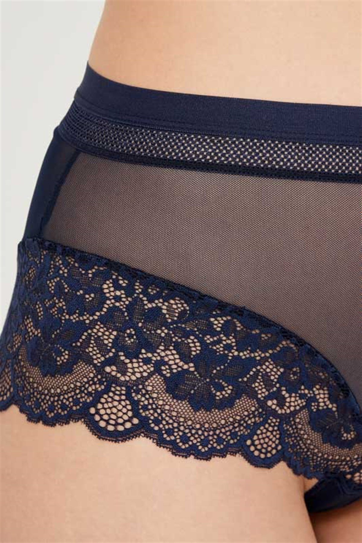 Lacivert Dantel Detaylı Transparan Büyük Beden Bikini Külot