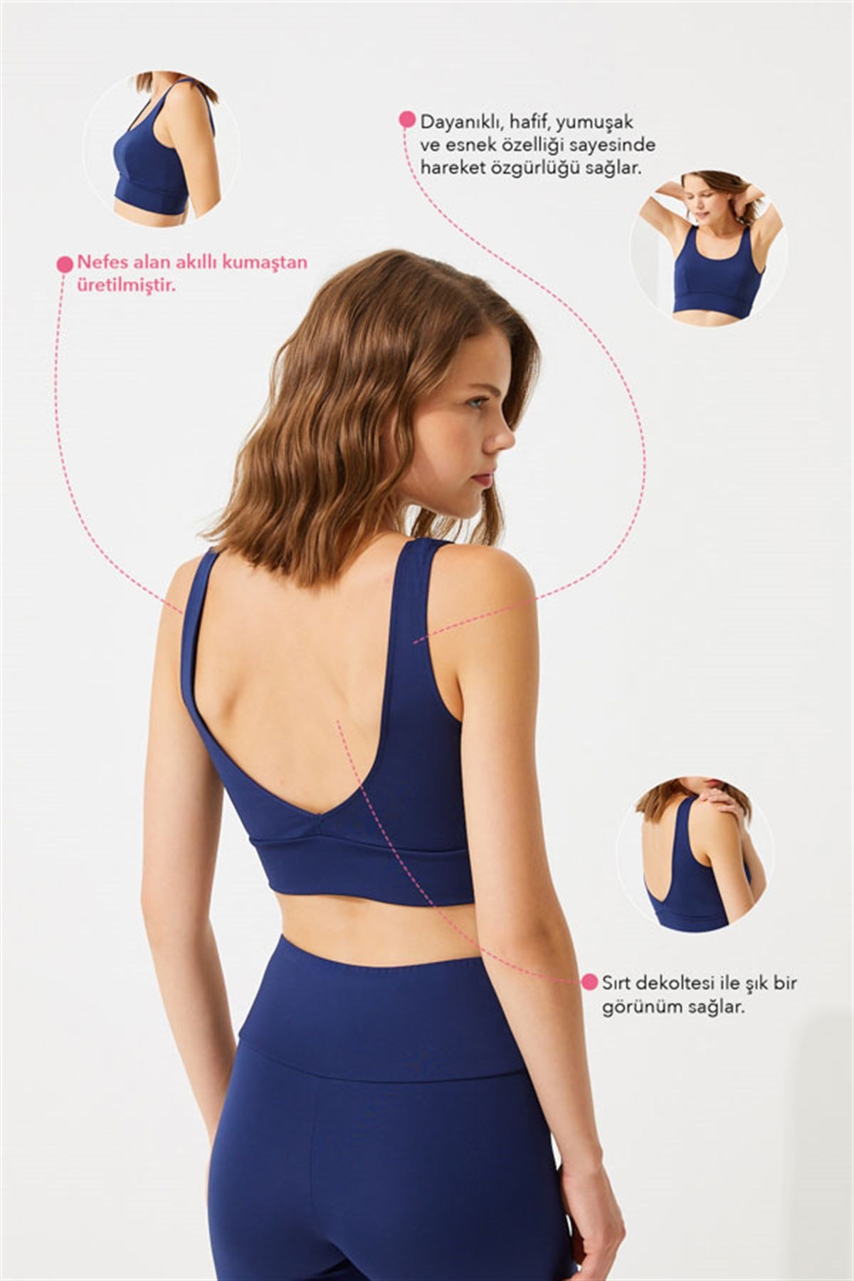 Lacivert Hafif Destekli Sırt Detaylı Kaplı Crop Top Büstiyer