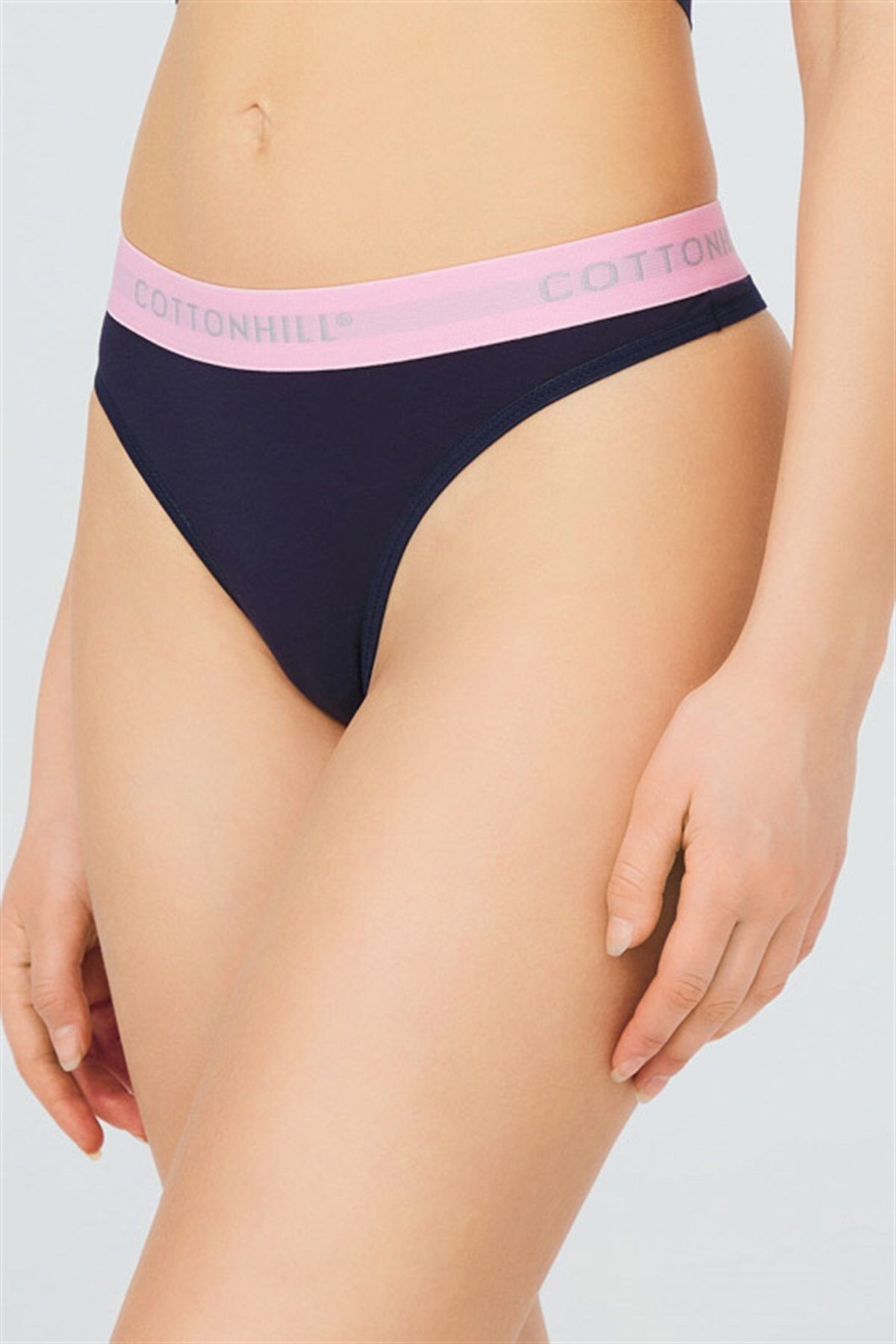 Lacivert Pamuklu Pembe Lastikli Kadın Basic Tanga Külot