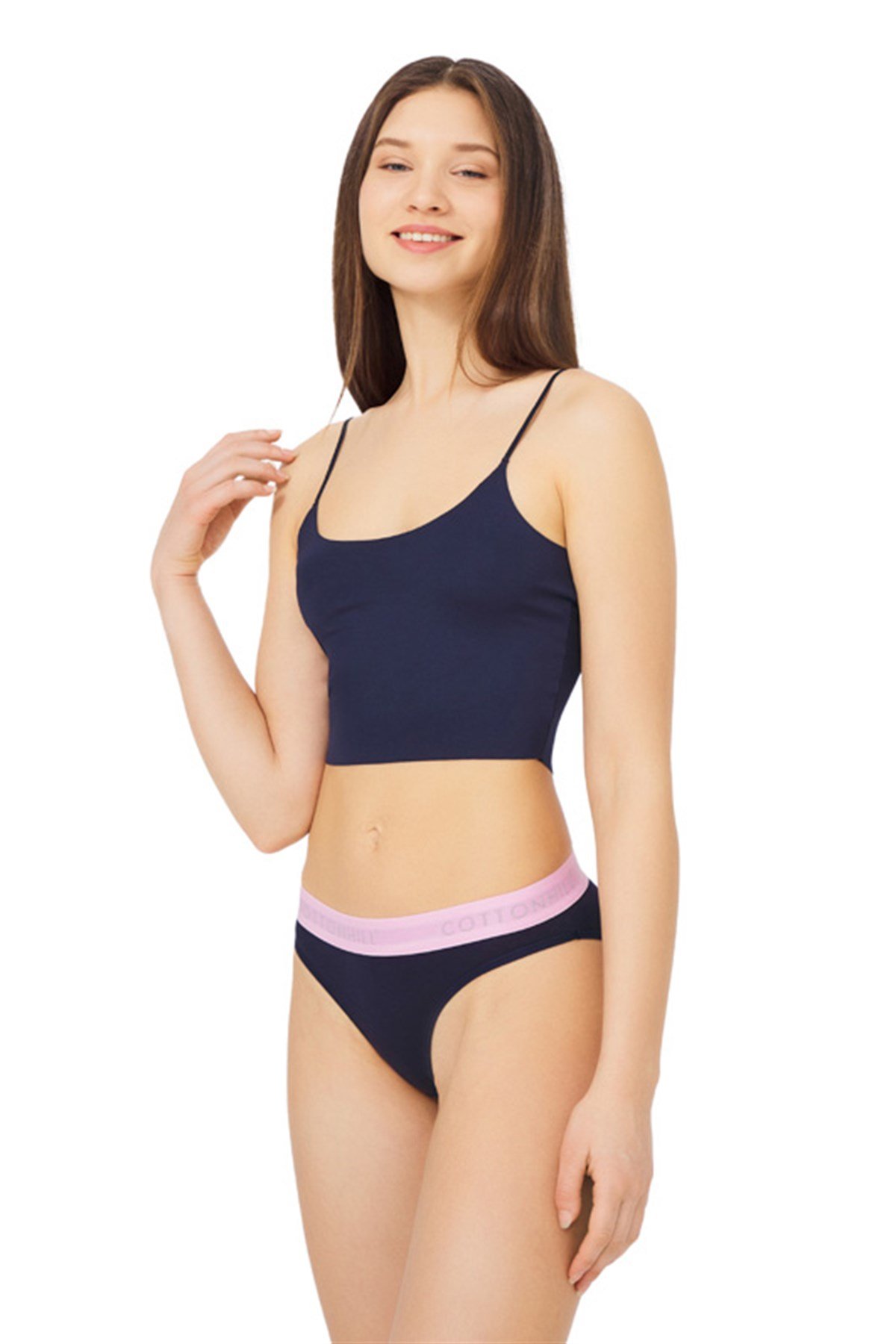 Lacivert Pembe Lastikli Pamuklu Basic Bikini Külot