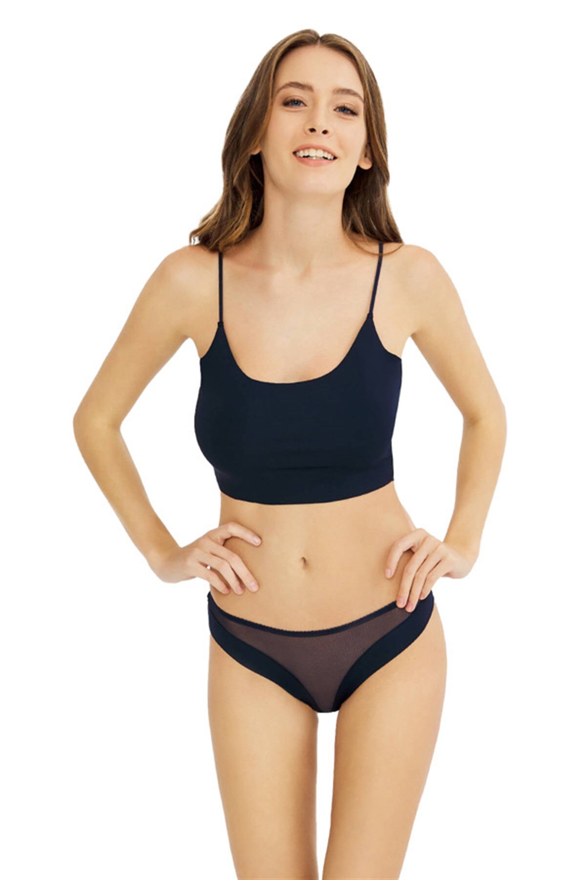 Lacivert Transparan Tül Detaylı Lazer Kesim Kadın Bikini Külot