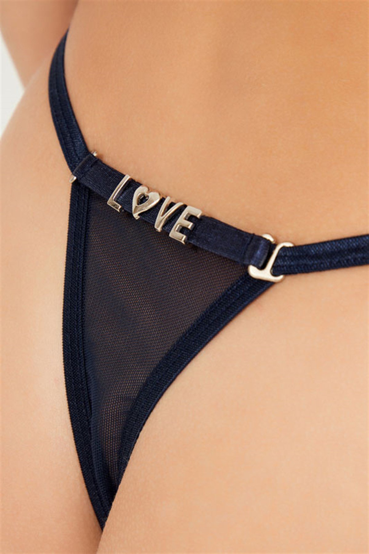Lacivert Tül Çıkarılabilir LOVE Yazı Detaylı Tanga Külot