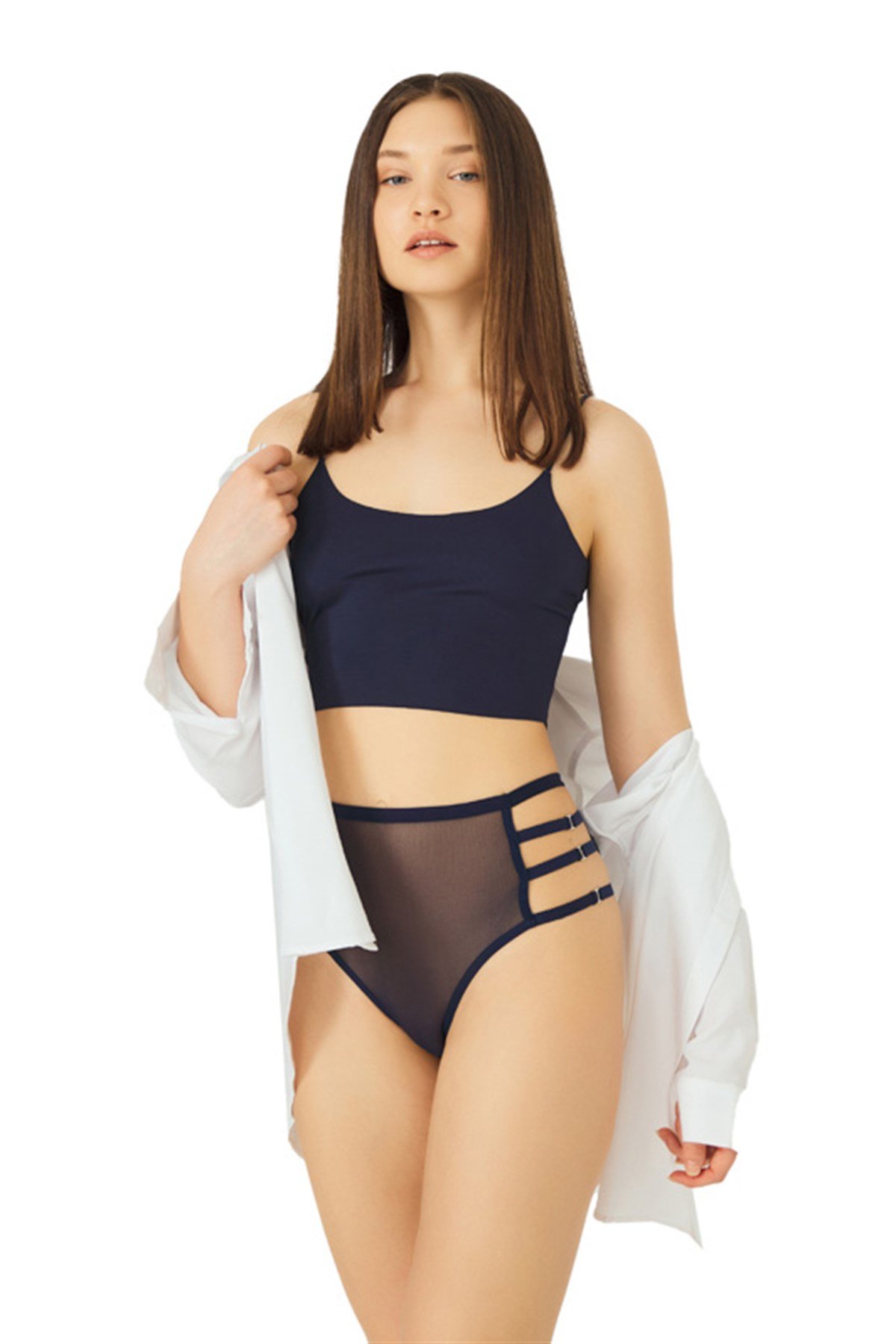 Lacivert Tül Transparan Lastik Detaylı Yüksek Bel Bikini Külot