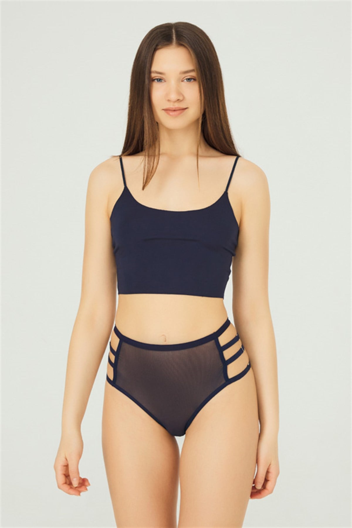 Lacivert Lastik Detaylı Yüksek Bel Bikini Külot