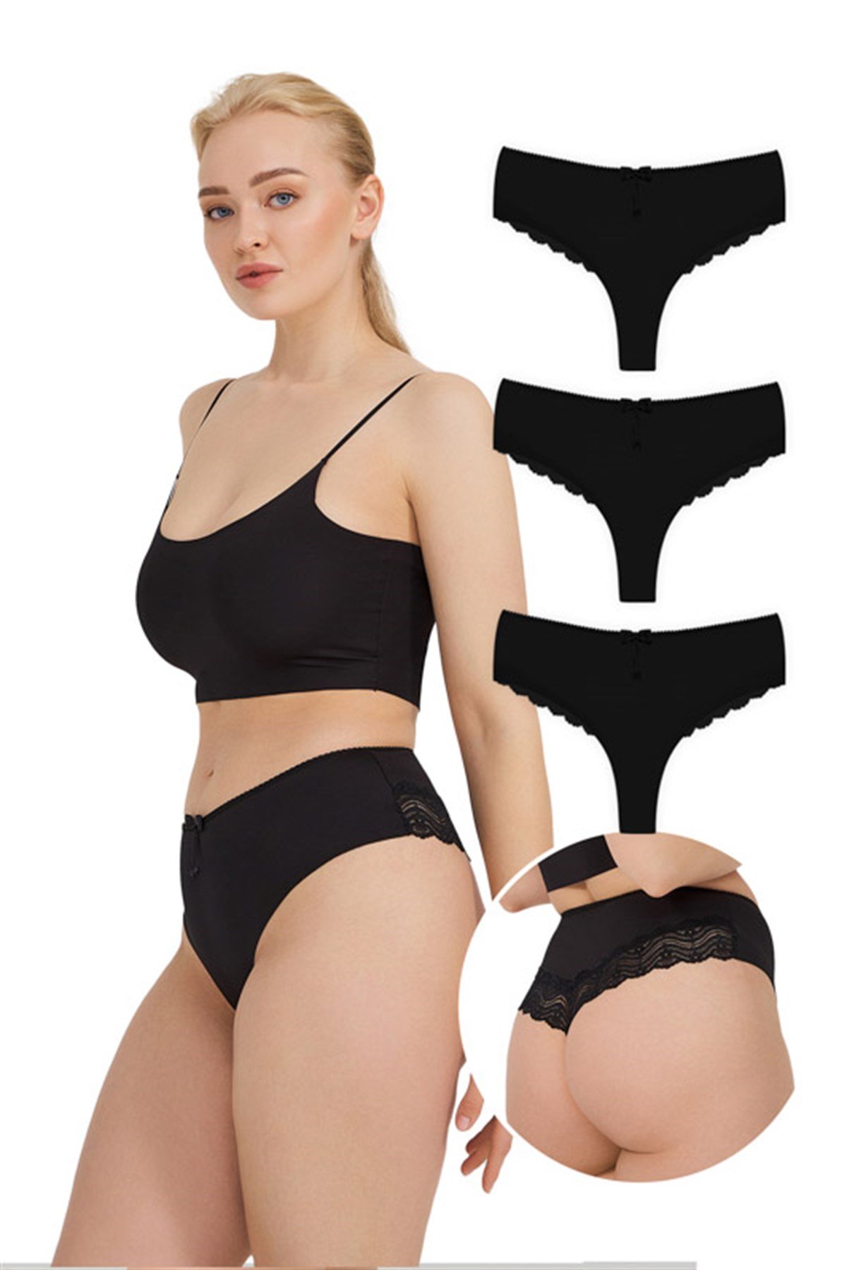Lazer Kesim Dantel Detaylı Büyük Beden Tanga 3'lü Paket Külot