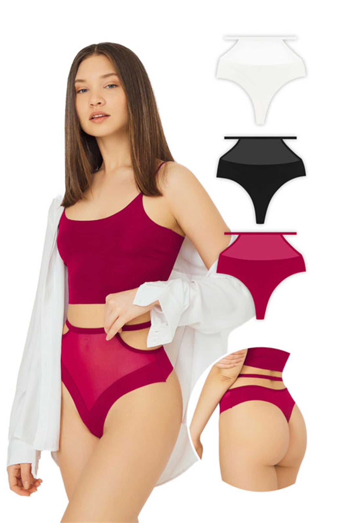 Lazer Kesim Tül Detaylı Kadın Tanga 3'lü Paket Külot - 2