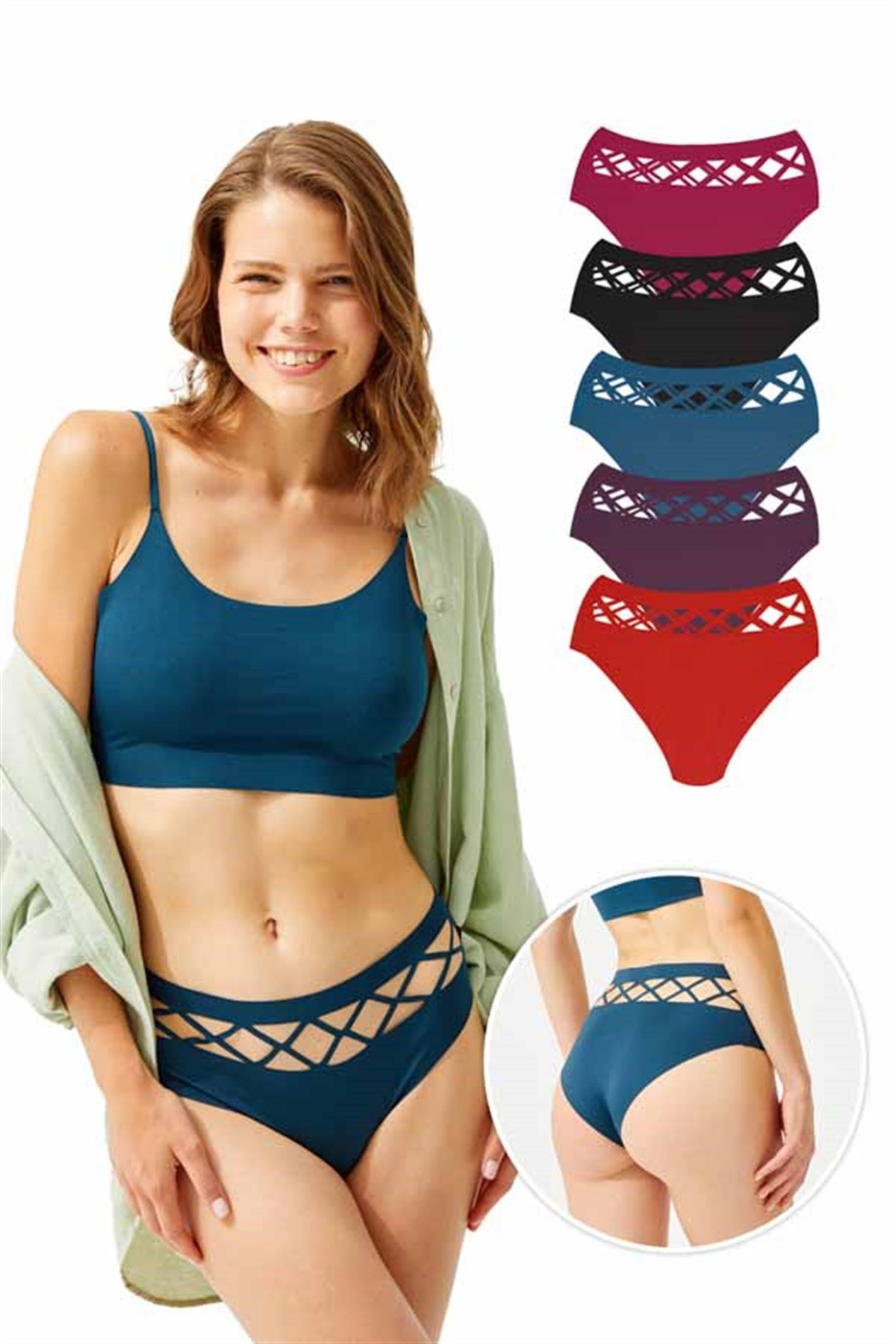 Lazer Kesim Yüksek Bel Dekolteli Kadın Bikini Külot 5'li Paket