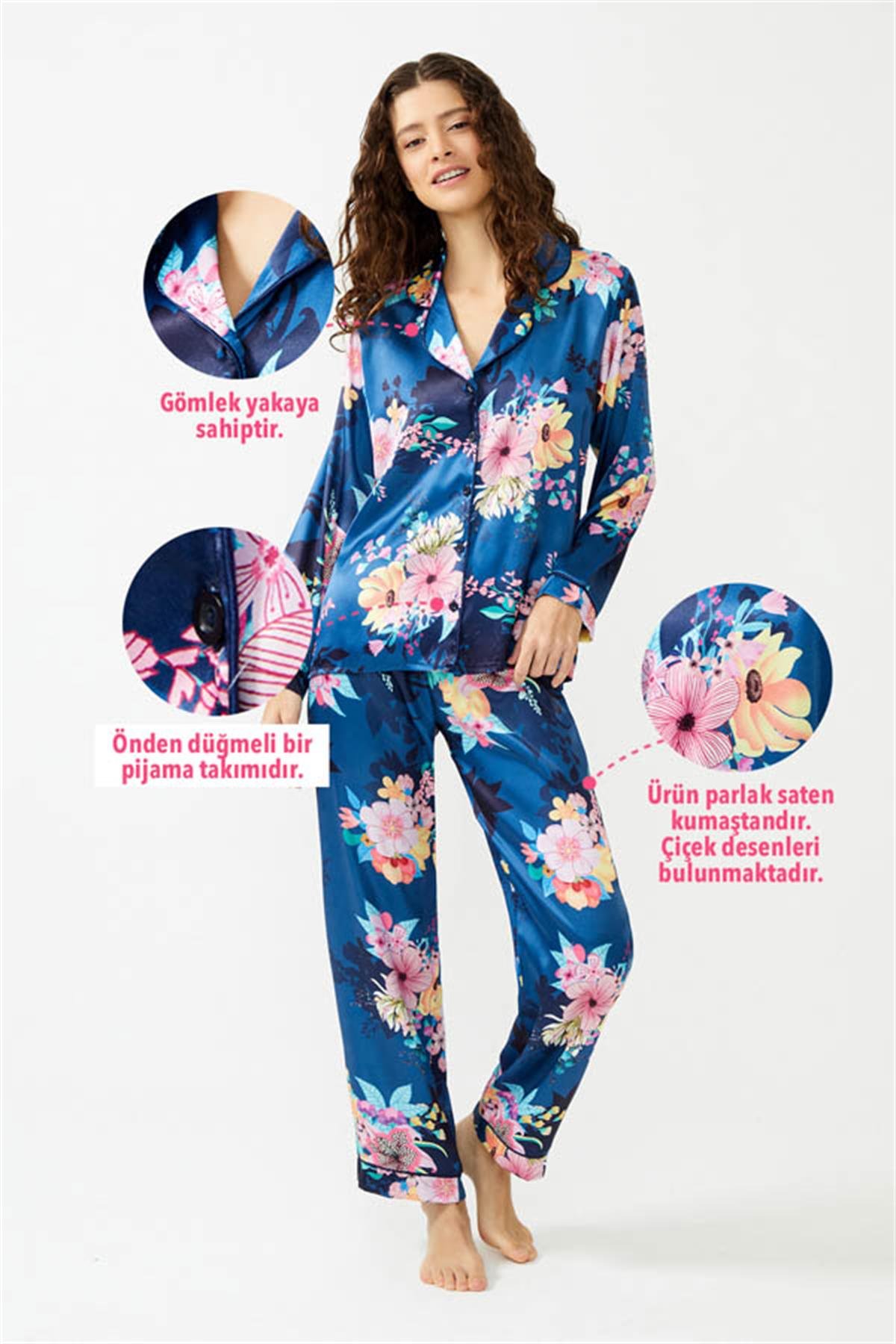 Mavi Çiçek Desenli Önden Düğmeli Saten Kadın Pijama Takımı