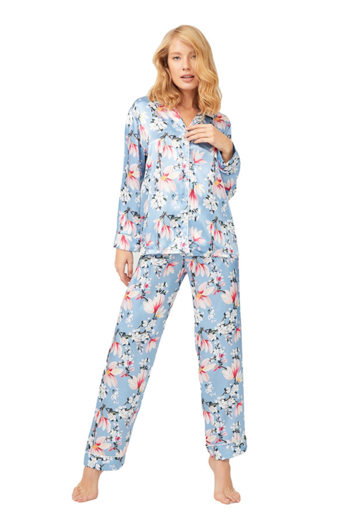 Mavi Çiçek Desenli Önden Düğmeli Saten Kadın Pijama Takımım