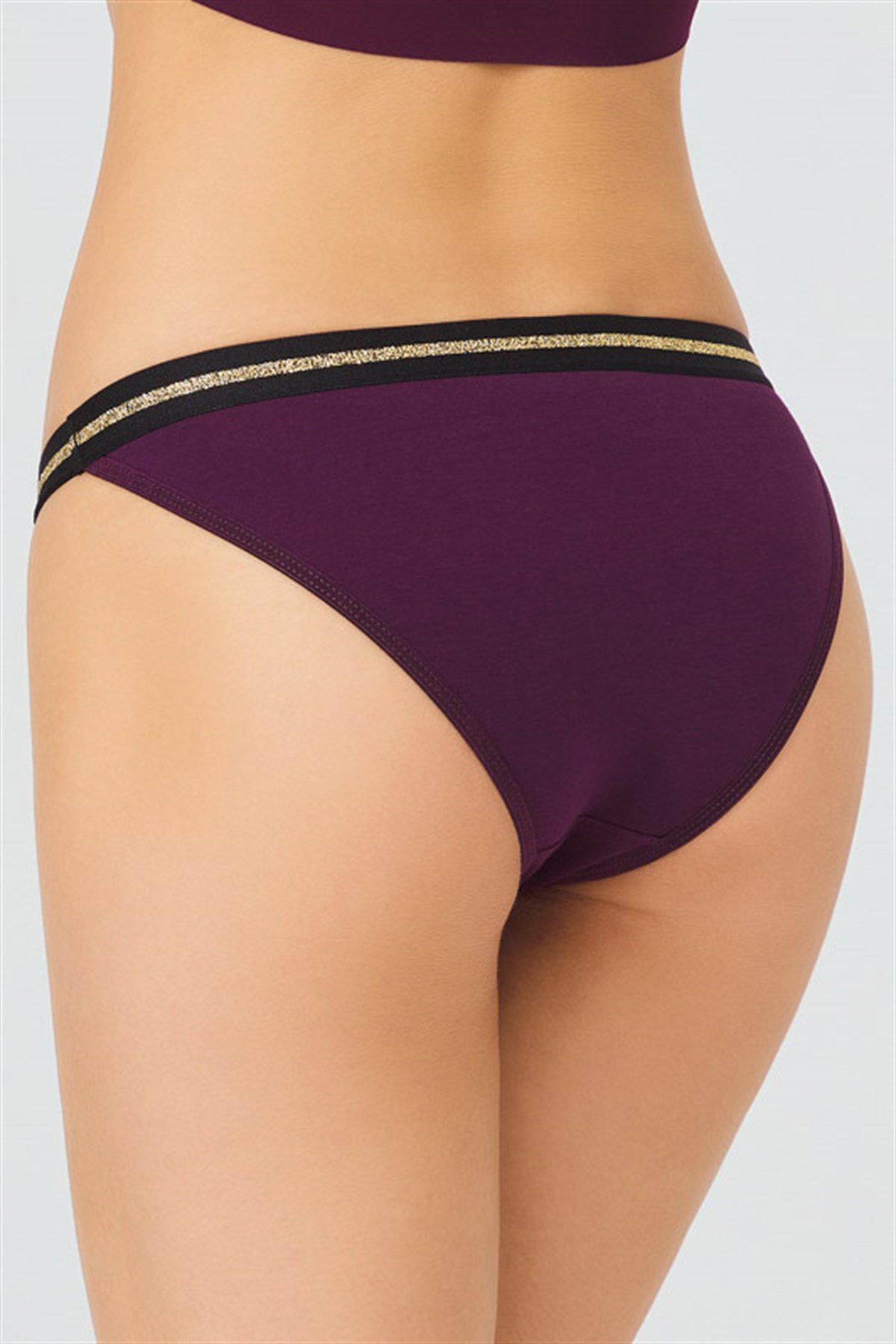 Mürdüm Simli Şerit Lastikli Kadın Bikini Külot