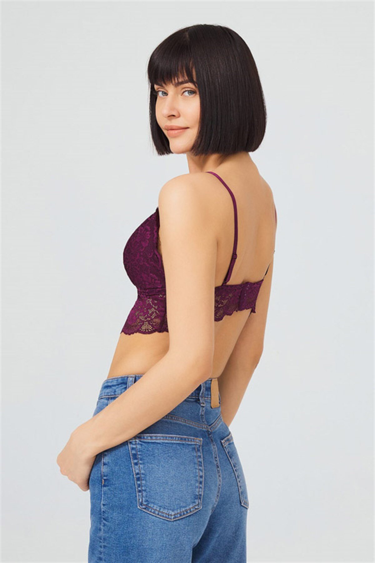 Mürdüm Dantelli İnce Askılı Kaplı Üçgen Kadın Bralet Büstiyer