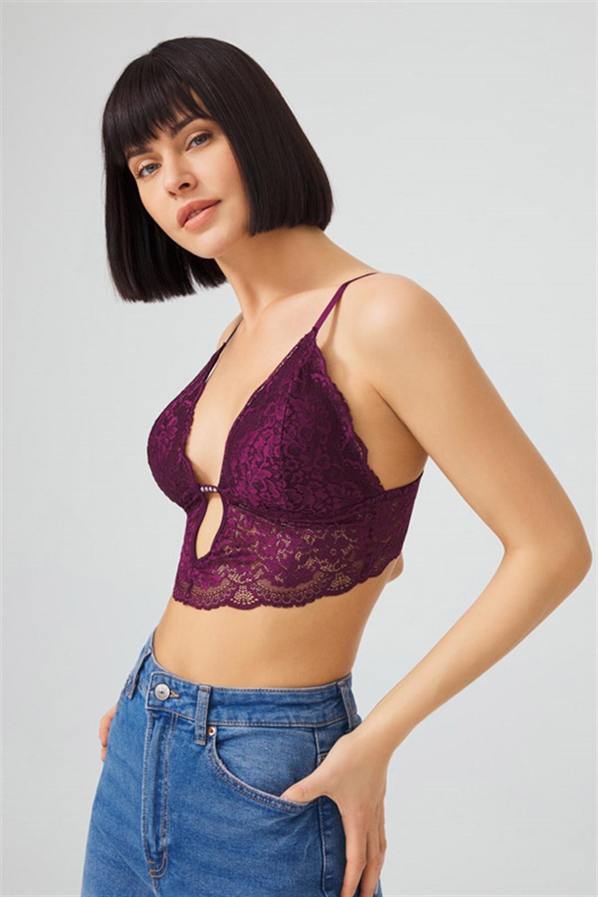 Mürdüm Dantelli İnce Askılı Kaplı Üçgen Kadın Bralet Büstiyer