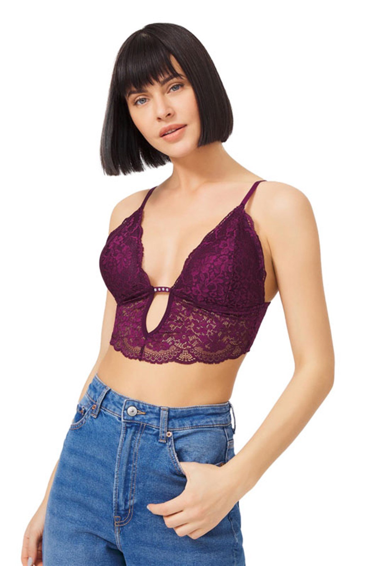 Mürdüm Dantelli İnce Askılı Kaplı Üçgen Kadın Bralet Büstiyer