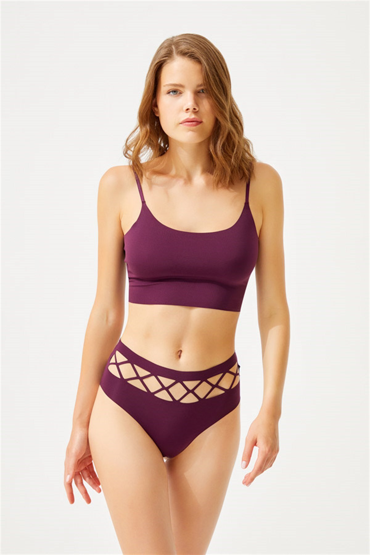 Mürdüm Lazer Kesim Yüksek Bel Dekolteli Kadın Bikini Külot