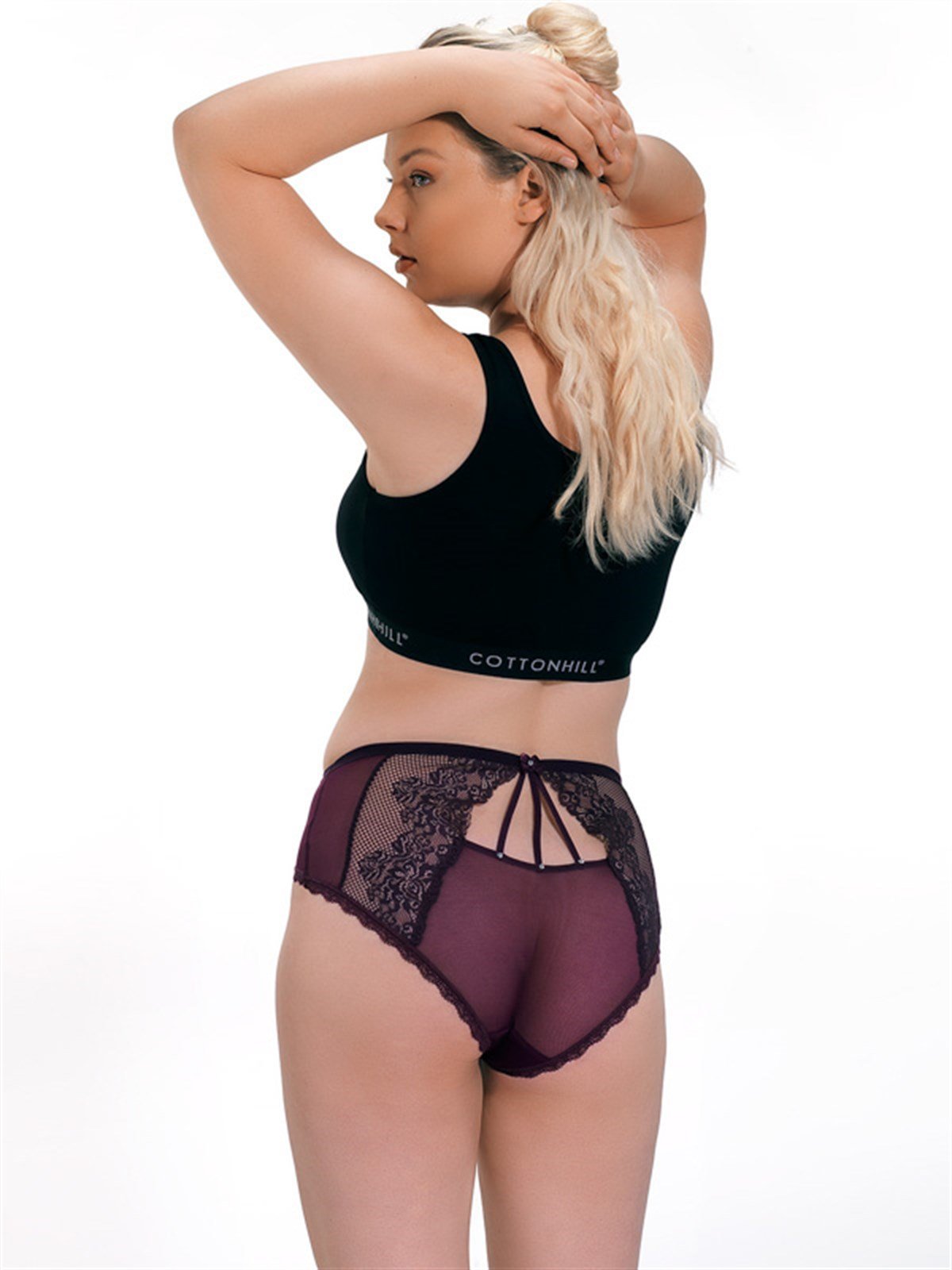 Mürdüm Transparan Dantel İp Detayı Büyük Beden Kadın Bikini Külot