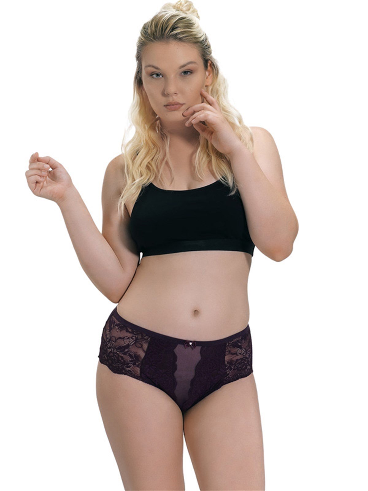 Mürdüm Transparan Dantel Tül Detay Büyük Beden Kadın Bikini Külot