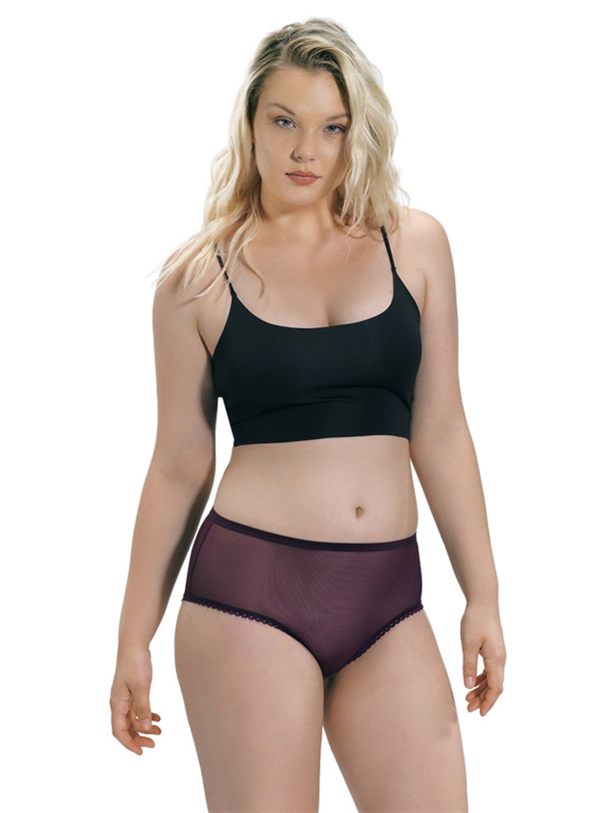 Mürdüm Transparan Dantelli İpli Büyük Beden Kadın Bikini Külot