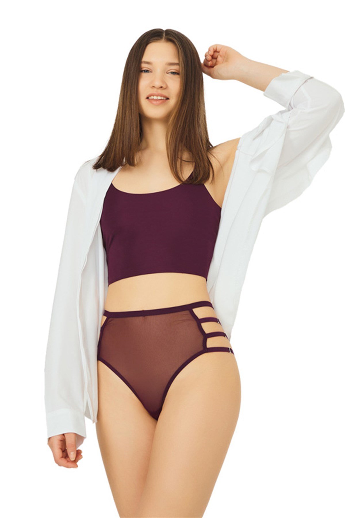 Mürdüm Tül Transparan Lastik Detaylı Yüksek Bel Bikini Külot