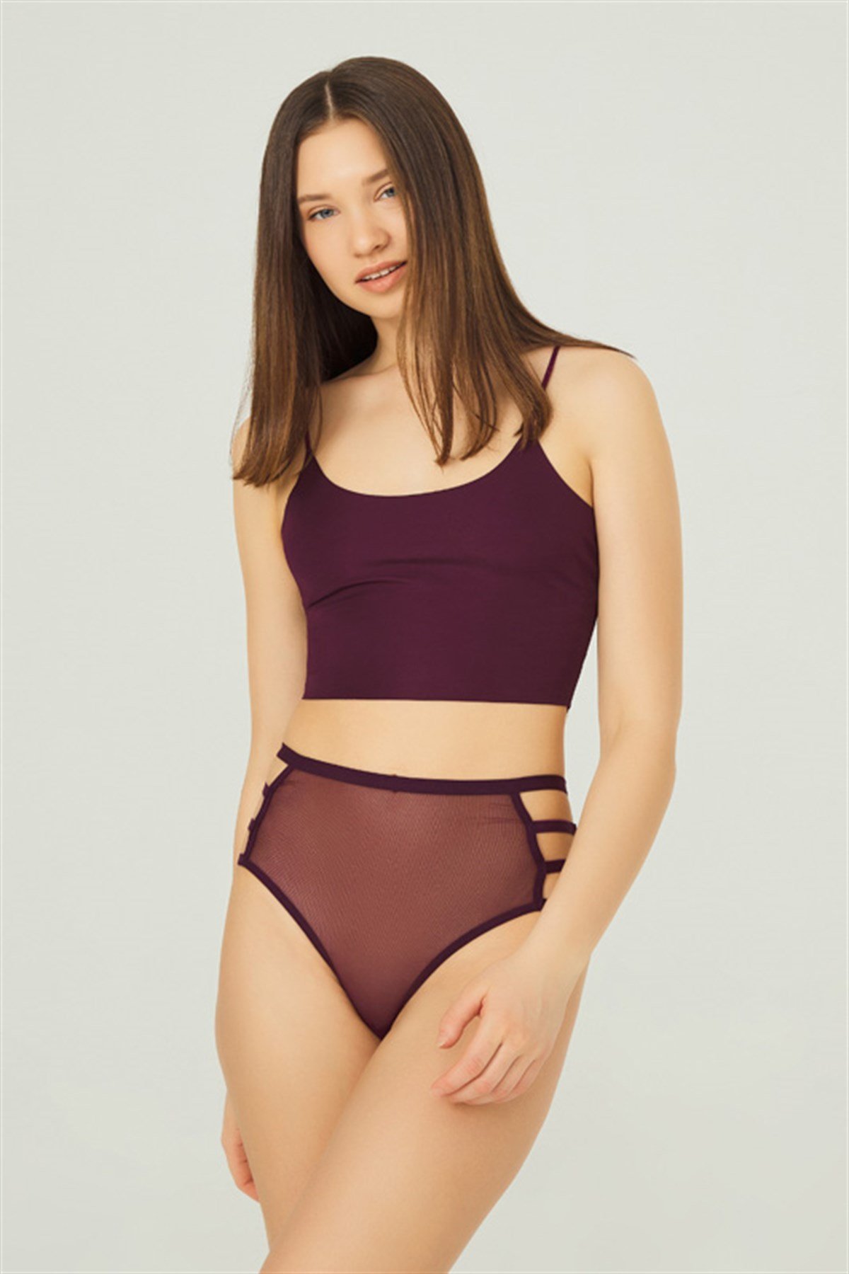Mürdüm Lastik Detaylı Yüksek Bel Bikini Külot