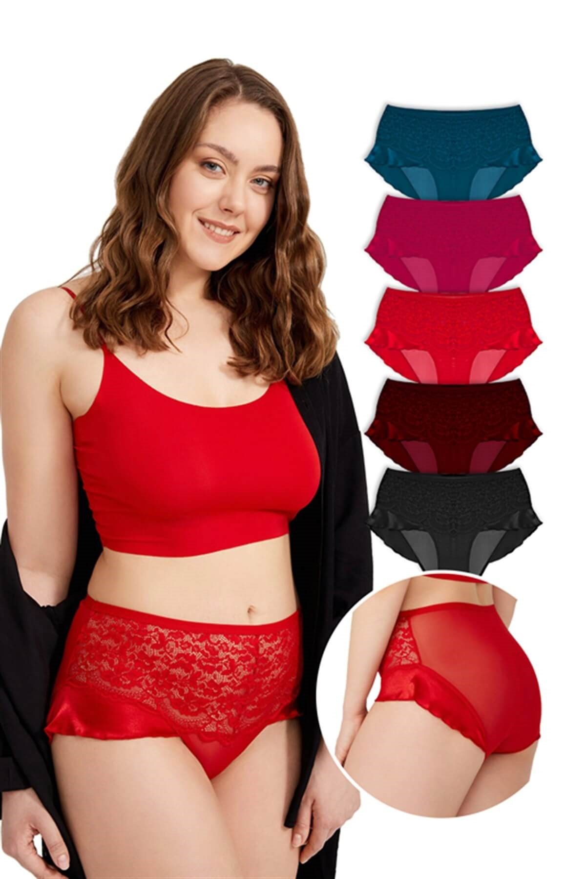 Önü Dantel Arkası Transparan Büyük Beden Bikini Külot 5'li Paket