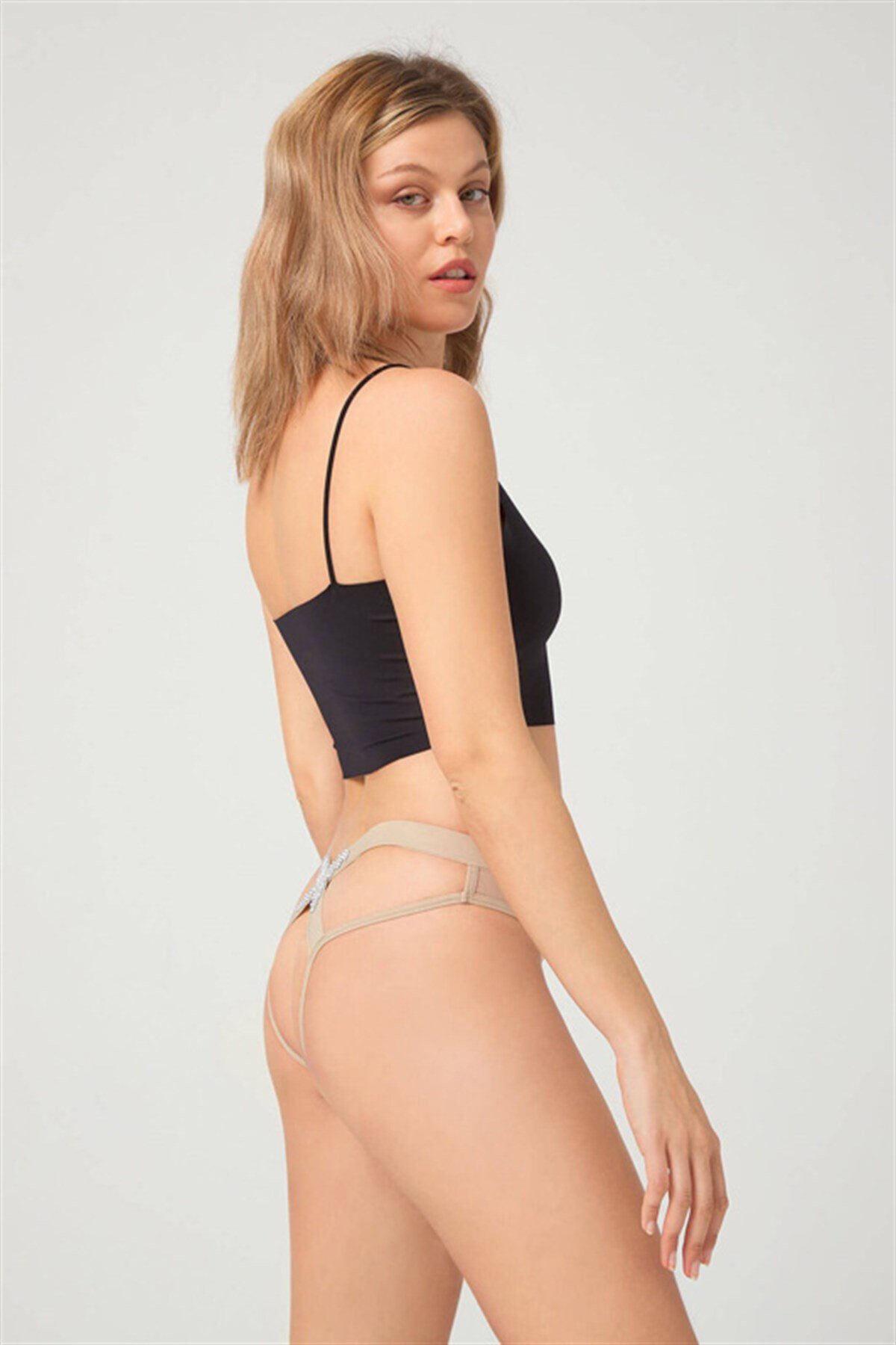 Pastel Krem Transparan Taşlı Kadın Bikini Külot