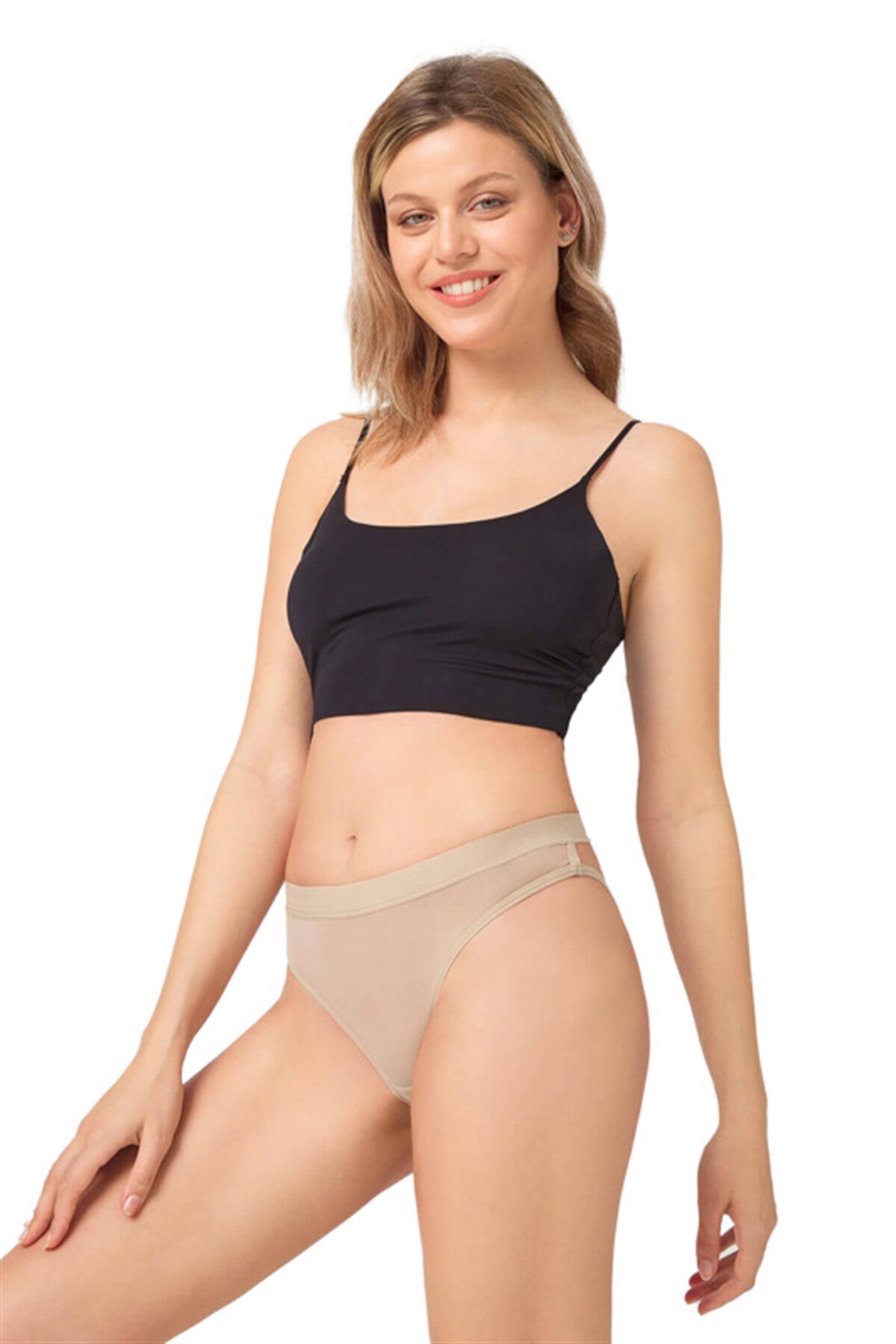 Pastel Krem Önü Transparan Lastik Detayl Taşlı Kadın Bikini Külot