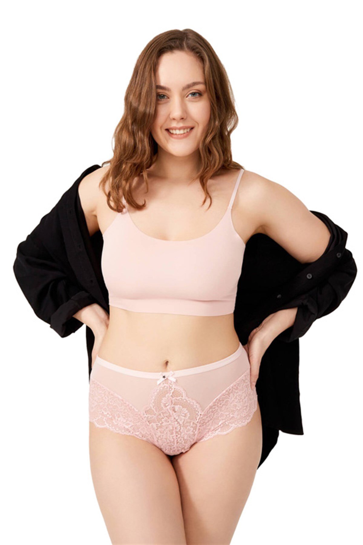 Pudra Dantel Detaylı Arkası Tül Büyük Beden Bikini Külot