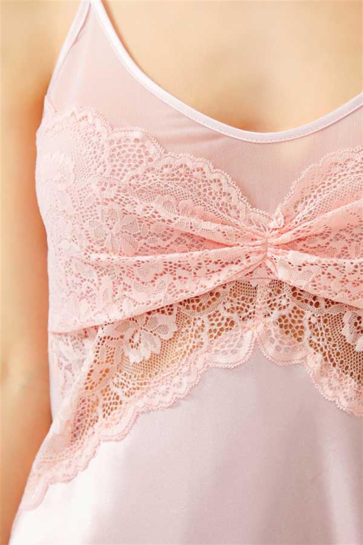 Pudra Dantel Detaylı Ayarlanabilir Askılı Saten Babydoll Gecelik
