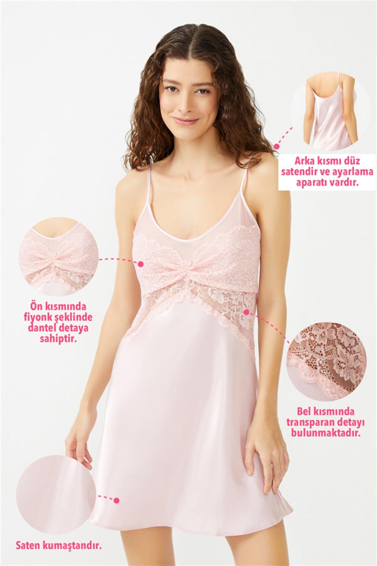 Pudra Dantel Detaylı Ayarlanabilir Askılı Saten Babydoll Gecelik