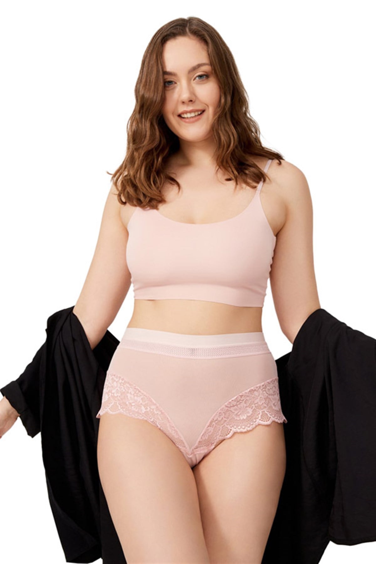 Pudra Dantel Detaylı Transparan Büyük Beden Bikini Külot