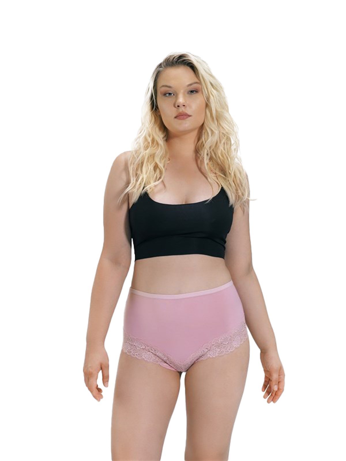 Pudra Dantel Detaylı Yüksek Bel Büyük Beden Kadın Bikini Külot