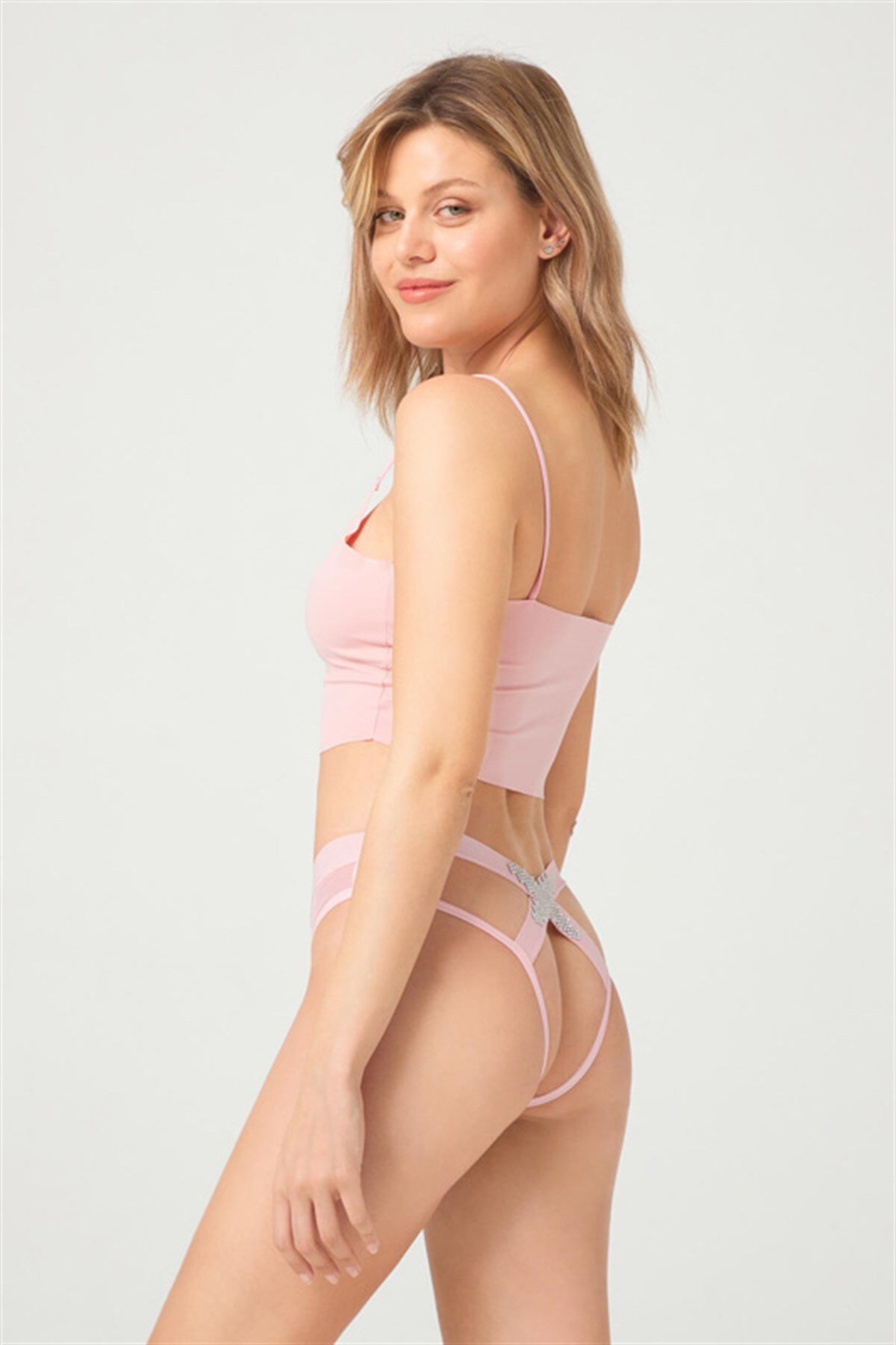 Pudra Transparan Lastik Detaylı Taş İşleme Kadın Bikini Külot