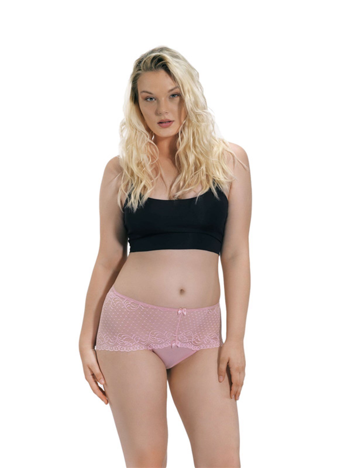 Pudra Transparan Dantel Tül Detayı Büyük Beden Kadın Bikini Külot