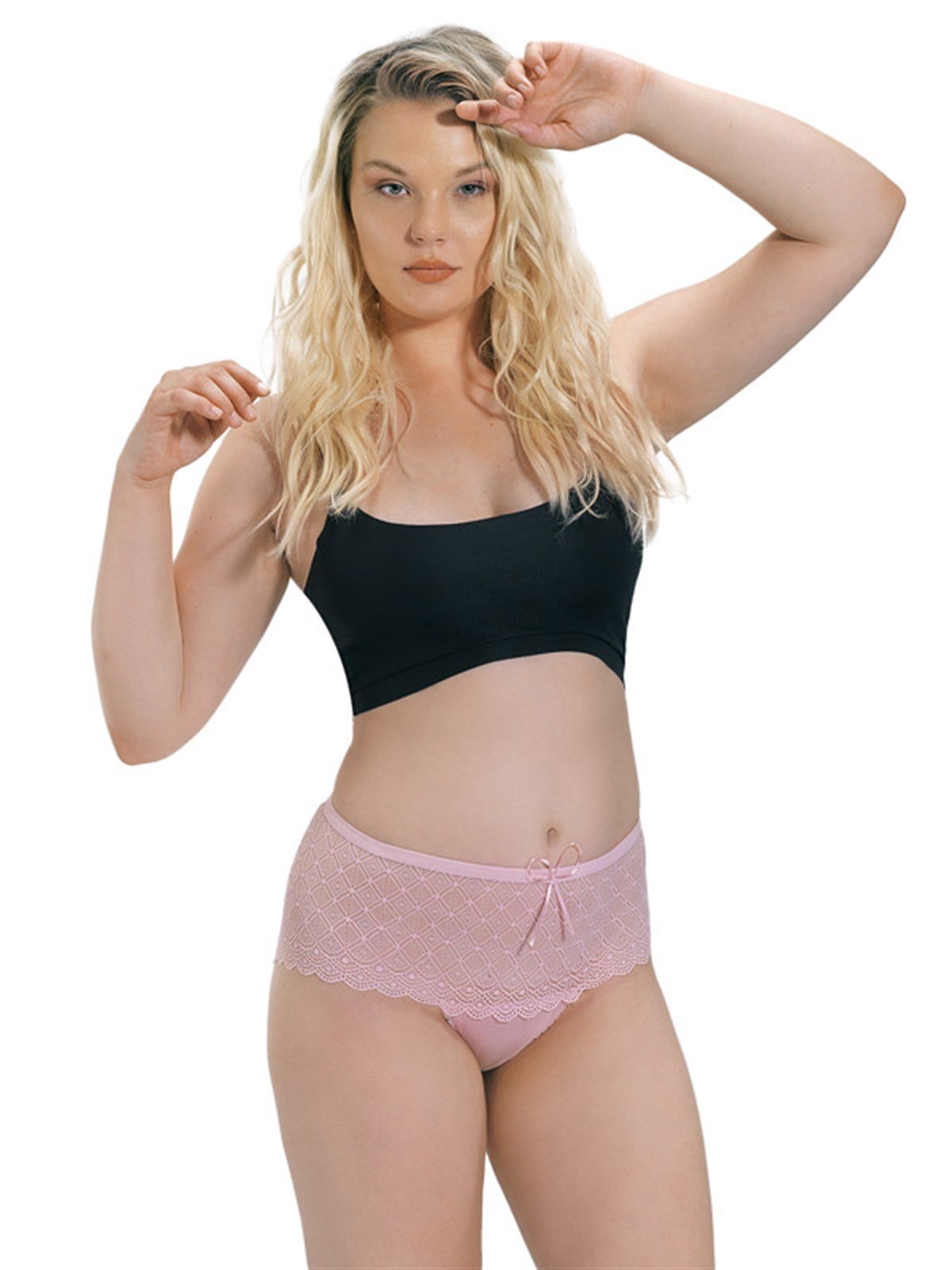 Pudra Transparan Dantel Yüksek Bel Büyük Beden Kadın Bikini Külot